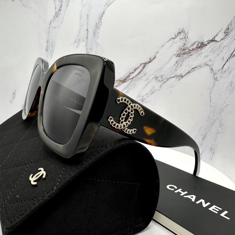 New CHANEL Sunglasses Brown Acetate Tortoise Square Gold Metal Chain CC - Picture 6 of 16